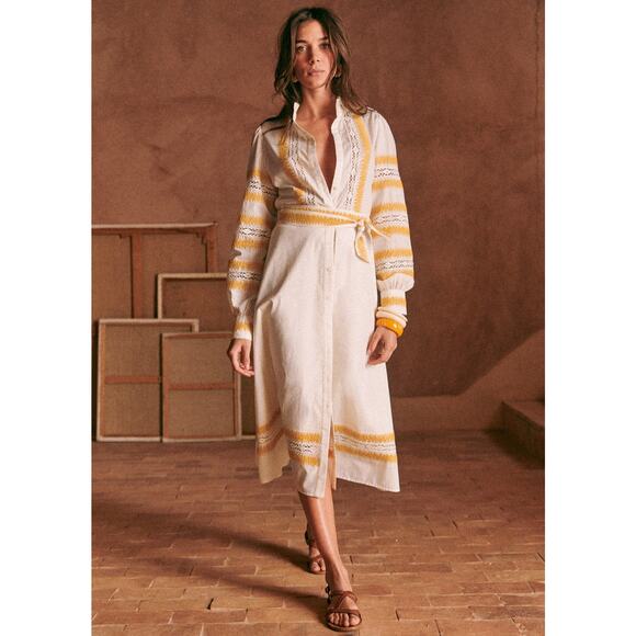 Sézane Elodie Dress Embroidered Belt - 8 - Ecru Yellow